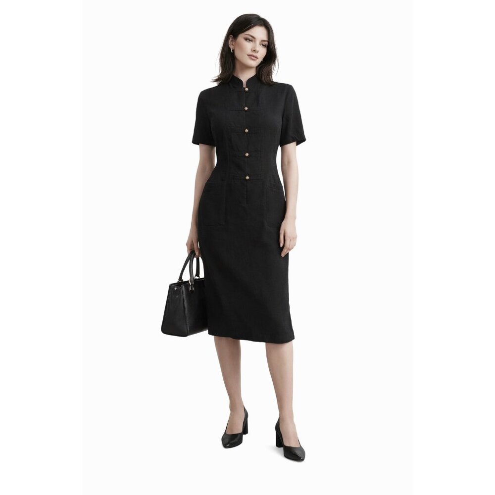 NY Sake Black Linen Blend Mandarin Collar Dress Size 12 Short Sleeve Minimalist